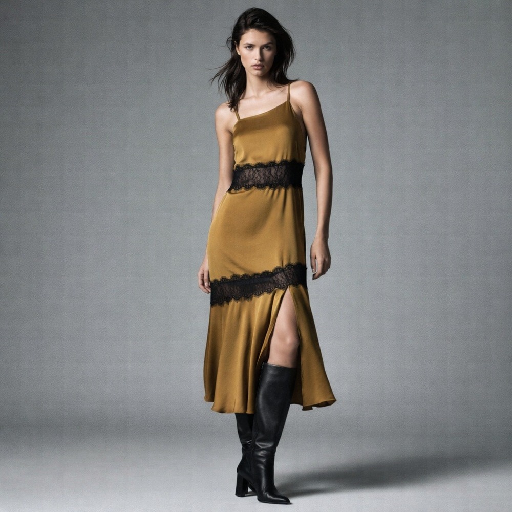 Zara Mustard Midi Dress with Black Lace